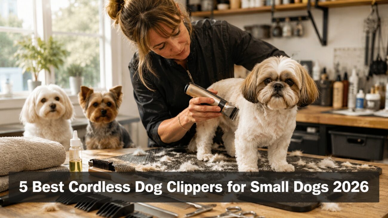 Professional groomer using cordless dog clippers on a small dog in a home grooming studio.