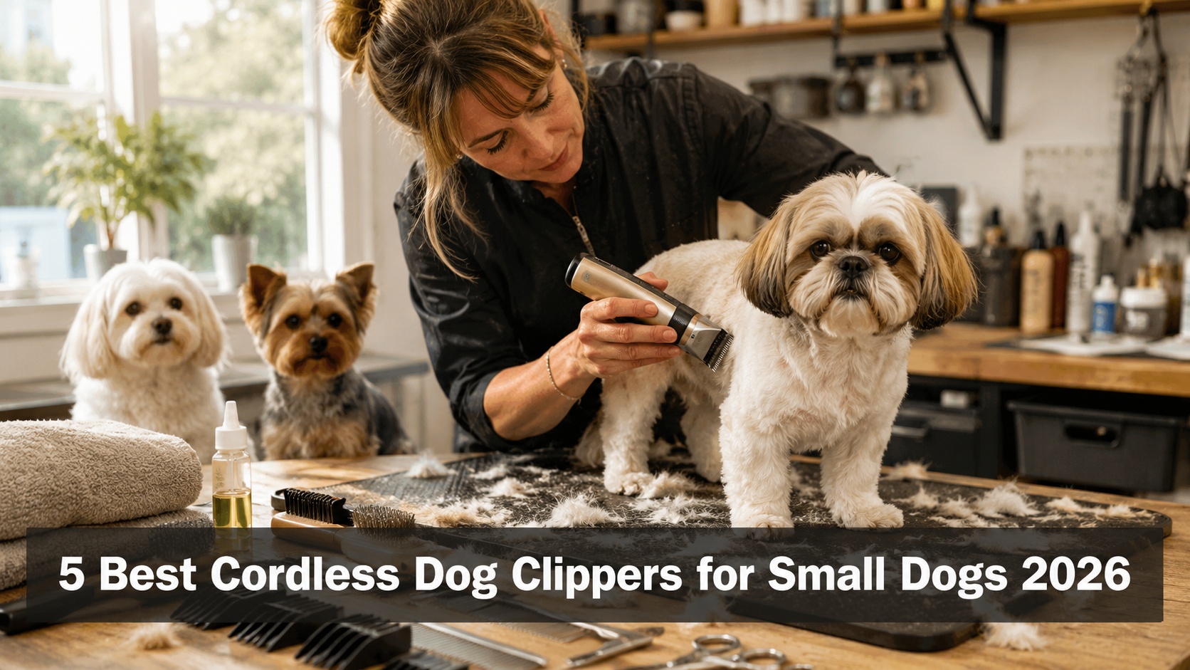 Professional groomer using cordless dog clippers on a small dog in a home grooming studio.