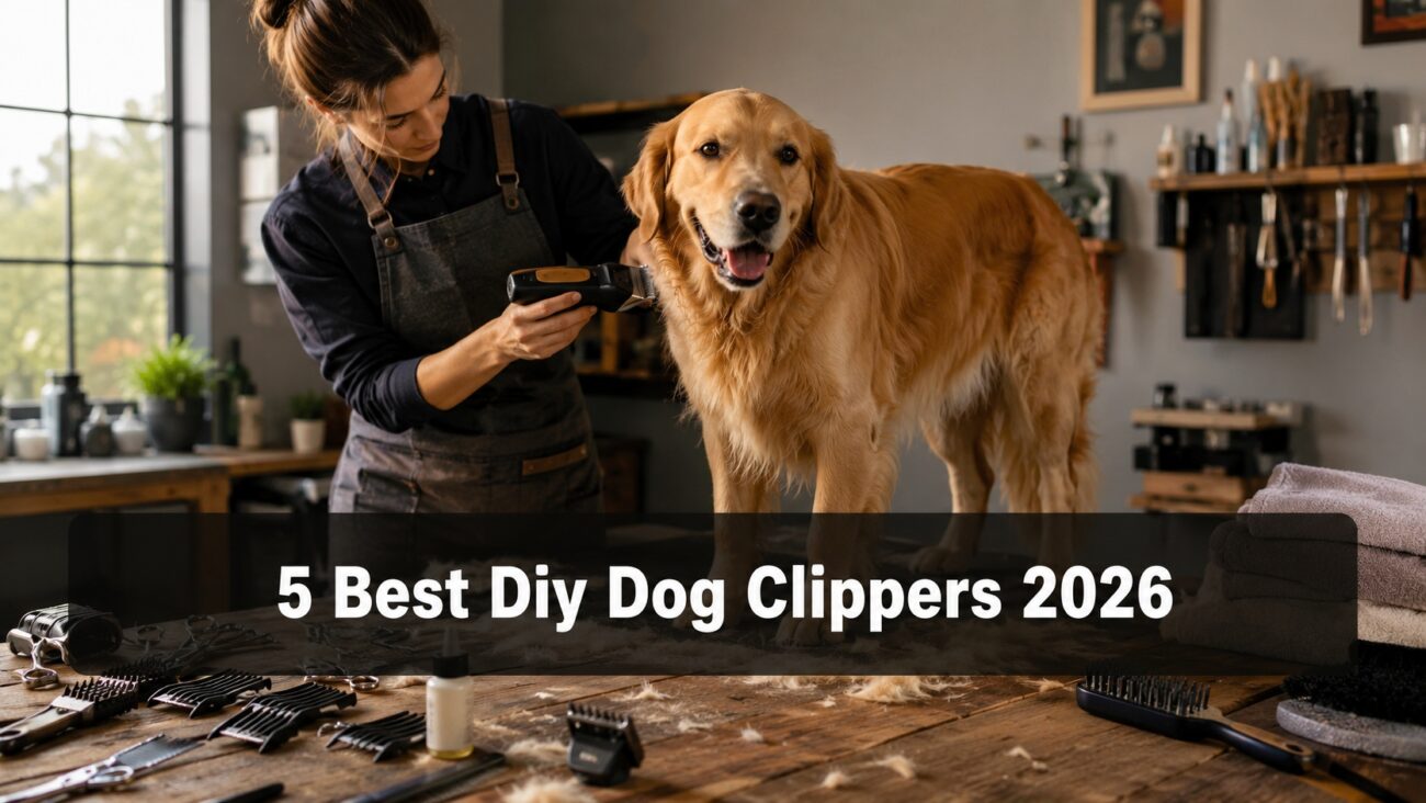 Golden Retriever being groomed at home using cordless DIY dog clippers with professional grooming tools.