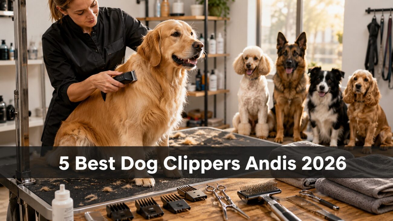 Professional groomer using Andis dog clipper on Golden Retriever in realistic grooming studio.