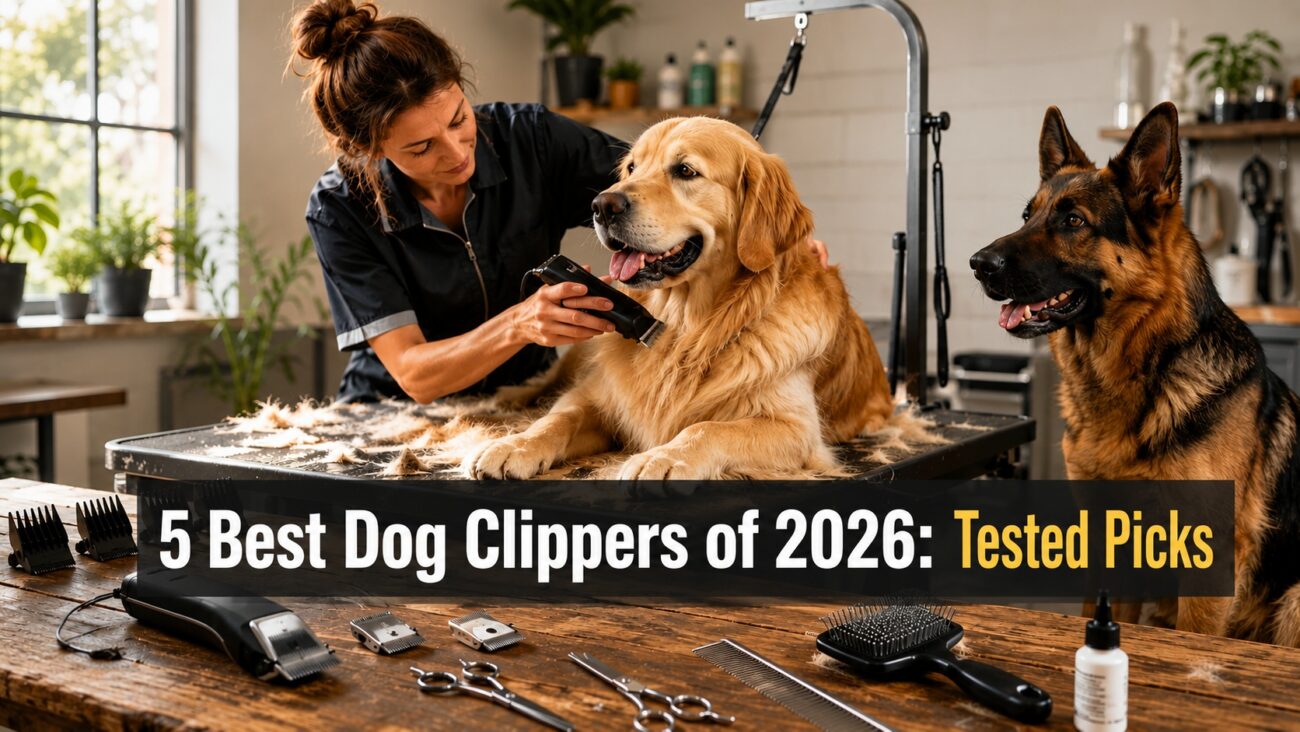 Professional home dog grooming with cordless dog clippers for thick-coated dogs.