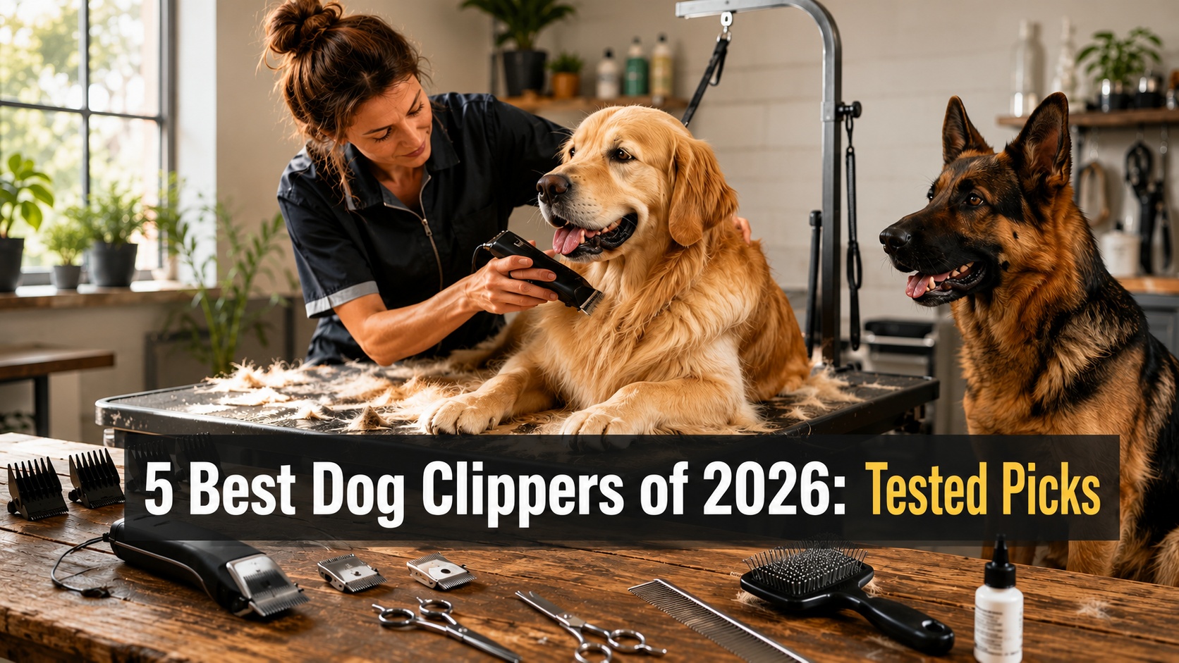 Professional home dog grooming with cordless dog clippers for thick-coated dogs.