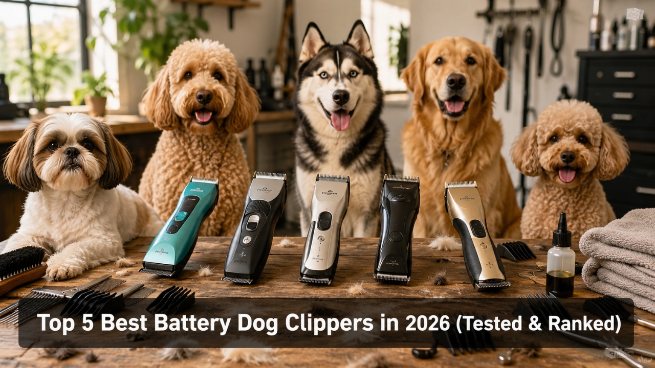 Five top-rated cordless battery dog clippers in a professional grooming setup