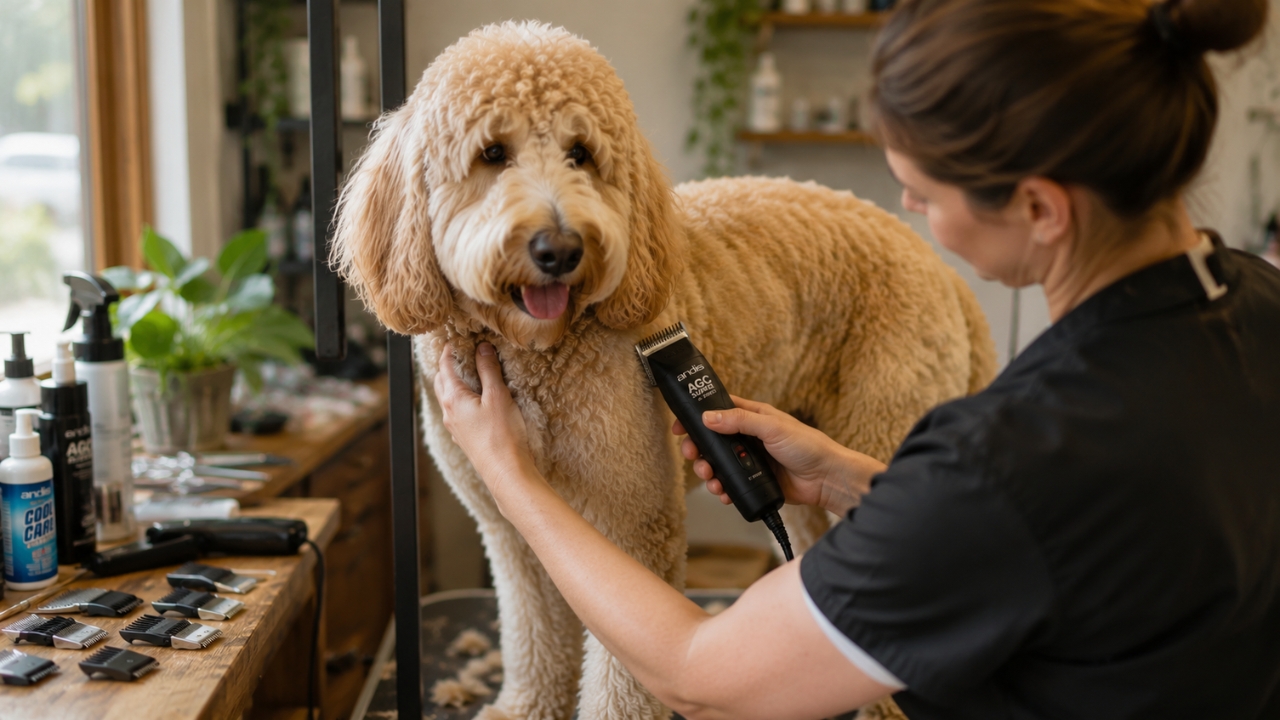Groomer using AGC Super 2-Speed on curly Goldendoodle