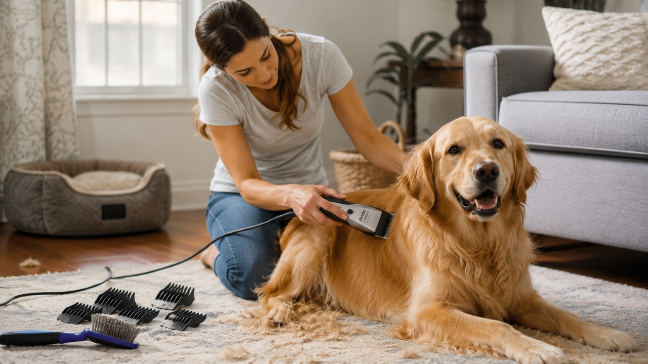 Owner grooming golden retriever with Andis EasyClip Pro-Animal clipper