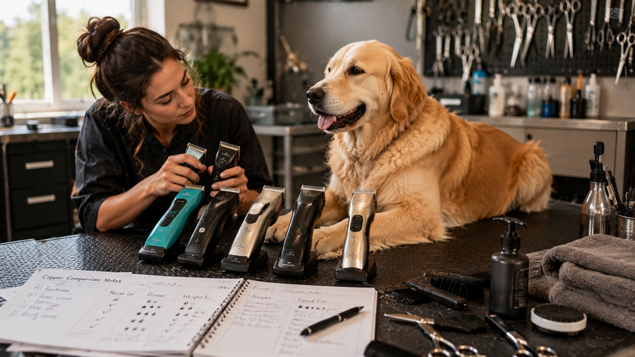 Groomer comparing cordless dog clippers beside a calm dog.