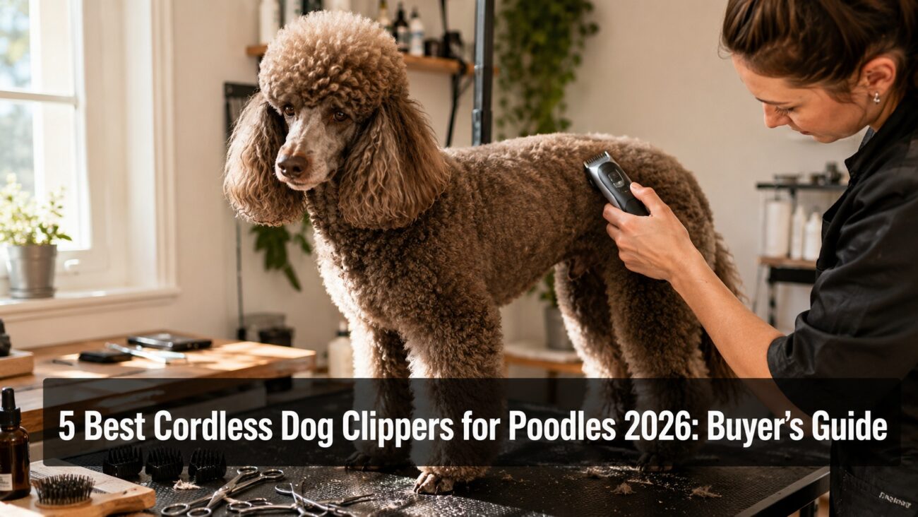 Standard Poodle being groomed with cordless dog clippers in a modern home grooming room.