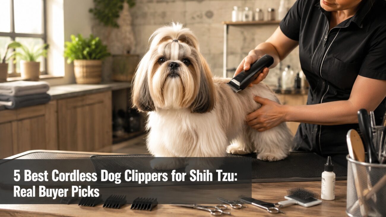 Shih Tzu being groomed with a cordless dog clipper in a modern home grooming room