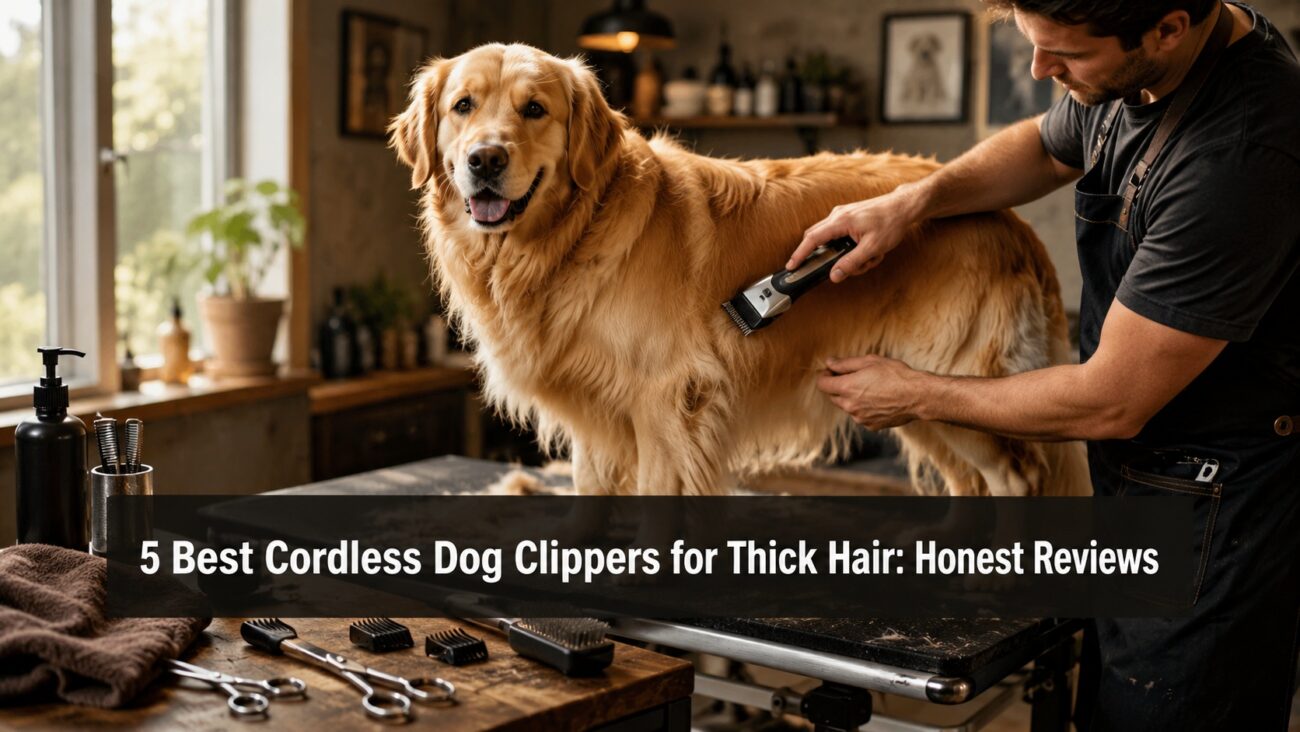 Golden Retriever being groomed with cordless dog clippers for thick hair at home.