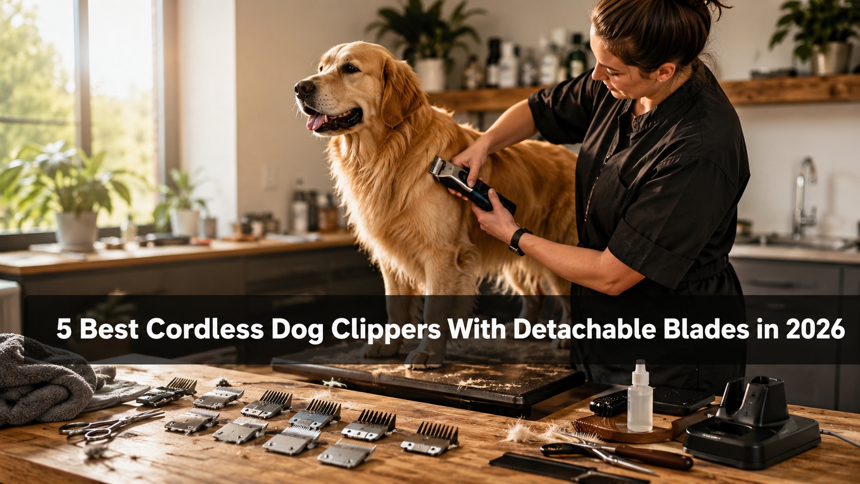 Professional groomer using cordless dog clippers with detachable blades on a Golden Retriever.