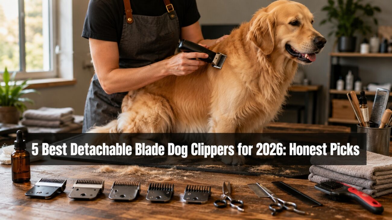 Professional groomer using detachable blade dog clippers on a Golden Retriever indoors.