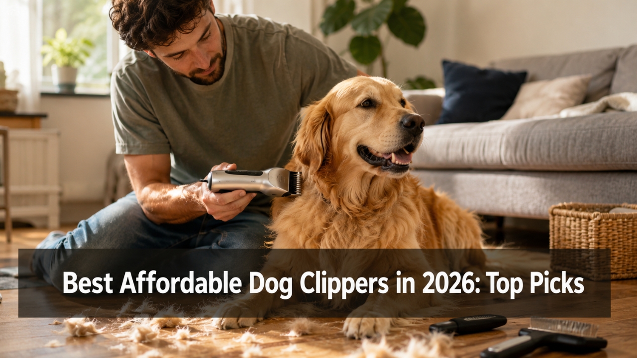 Dog owner grooming golden retriever with affordable dog clipper at home