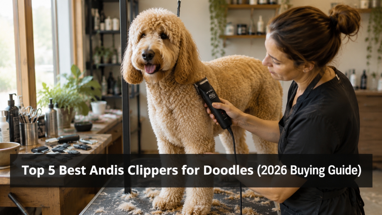 Professional groomer using Andis clipper on Goldendoodle during home grooming