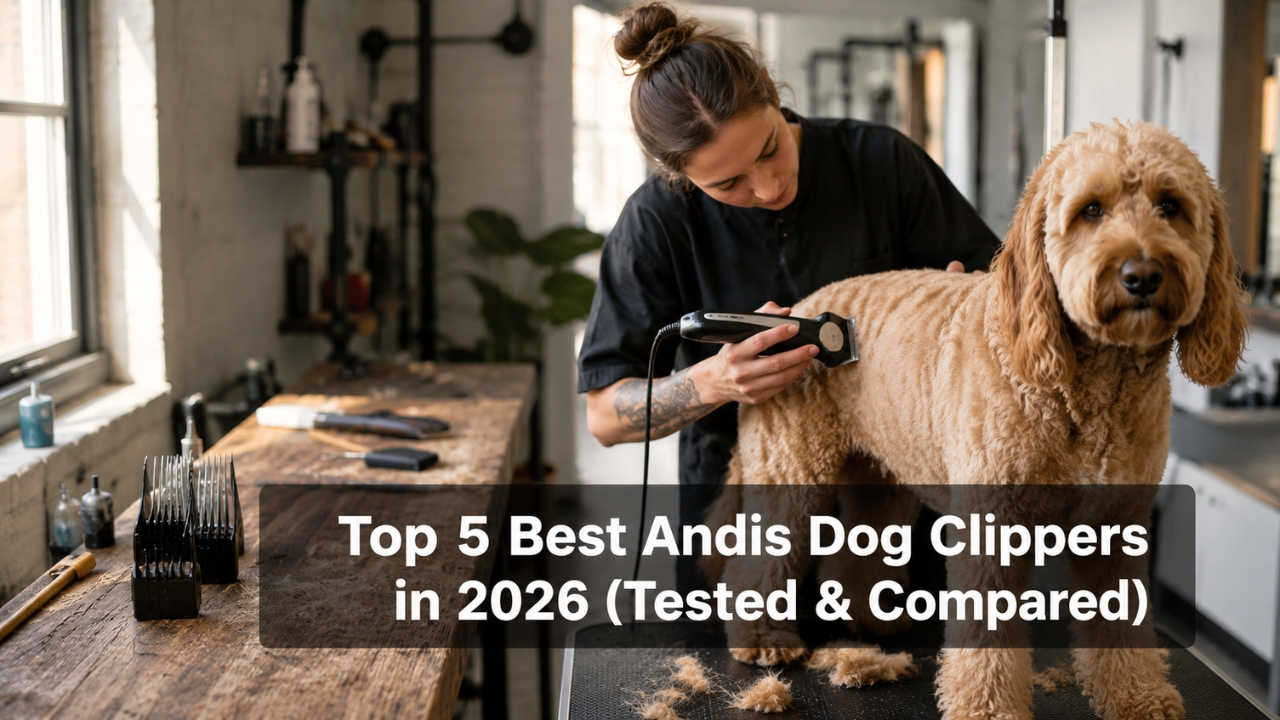 Professional groomer using Andis dog clipper on a dog in grooming studio