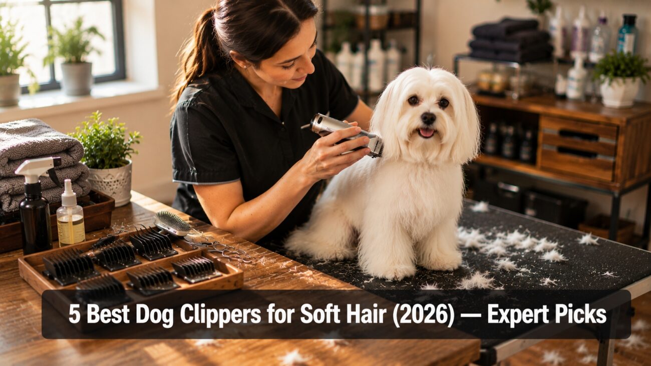 Professional groomer trimming a soft-haired Maltese with premium cordless dog clippers for delicate coats.