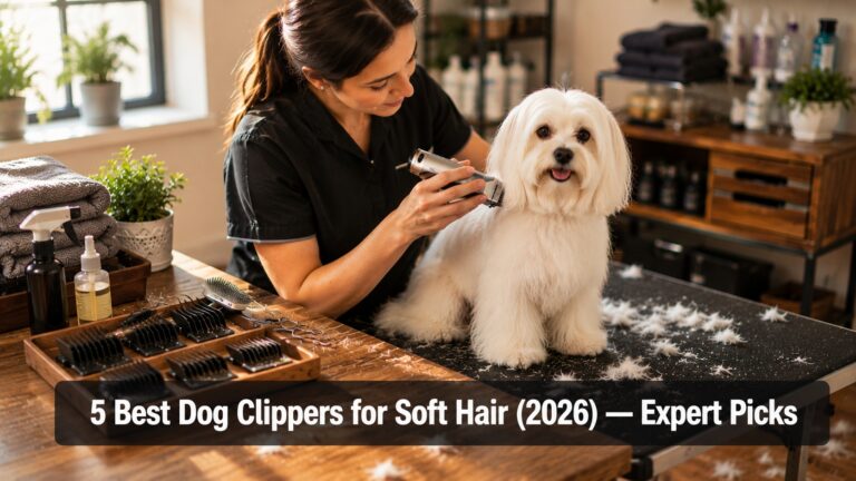 Professional groomer trimming a soft-haired Maltese with premium cordless dog clippers for delicate coats.