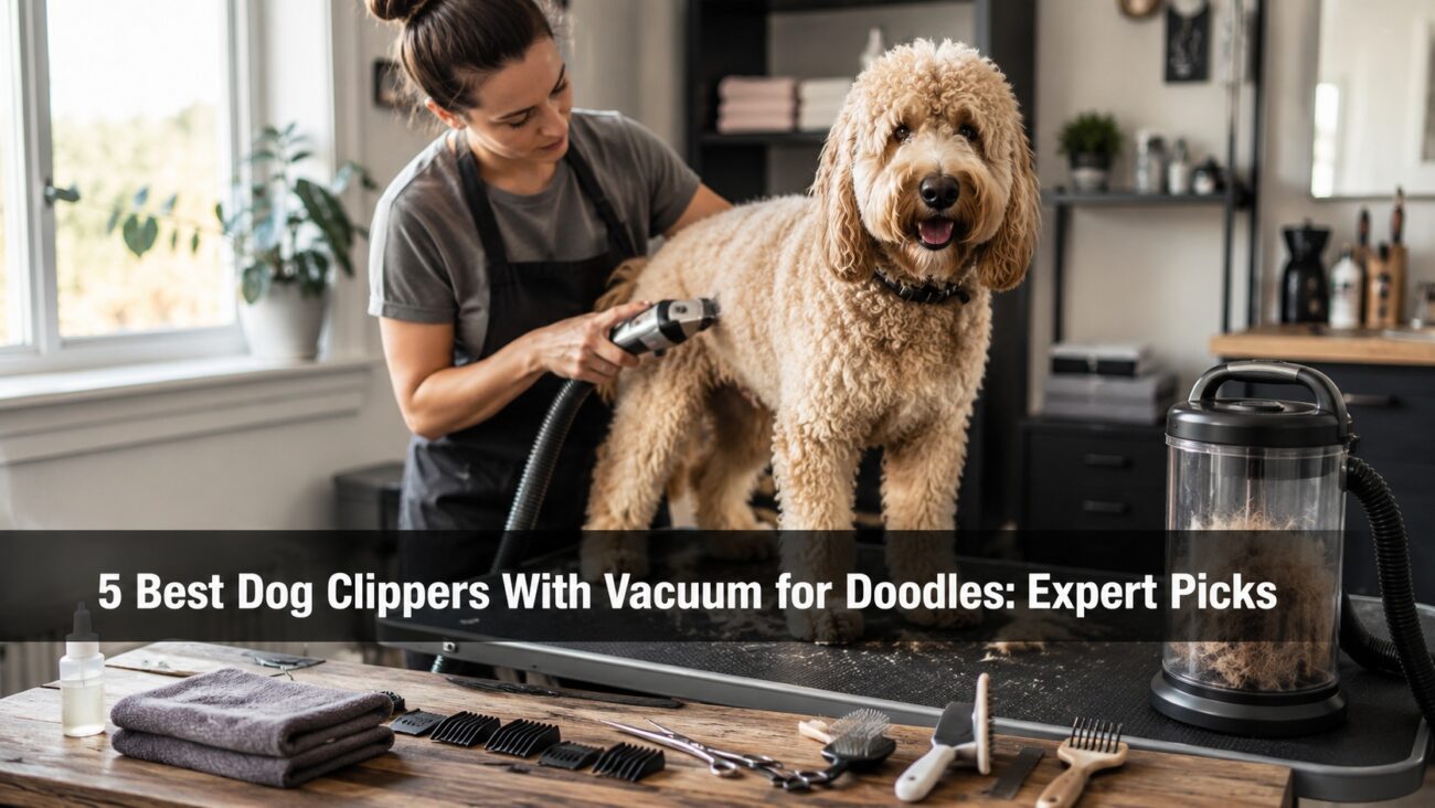 Professional groomer using vacuum dog clippers on a Goldendoodle during home grooming