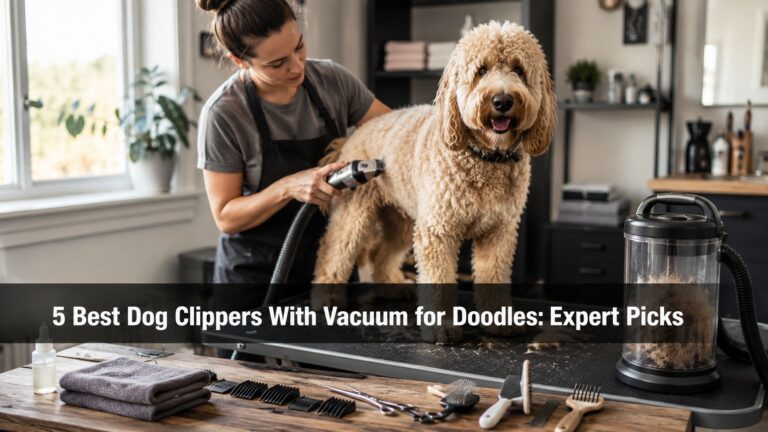 Professional groomer using vacuum dog clippers on a Goldendoodle during home grooming
