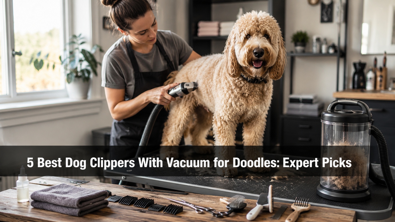 Professional groomer using vacuum dog clippers on a Goldendoodle during home grooming