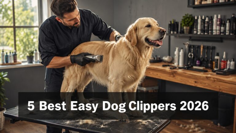Professional groomer using cordless dog clippers on a Golden Retriever in a modern home grooming studio
