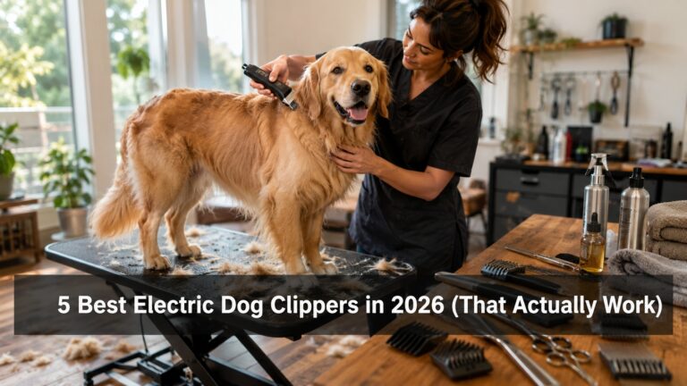 Professional groomer using an electric dog clipper on a Golden Retriever in a modern grooming studio.