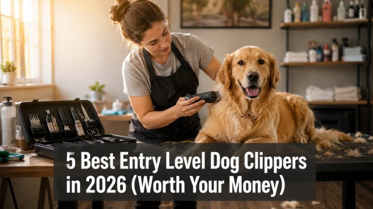 First-time dog owner grooming a Golden Retriever using the best entry level dog clippers in 2026.