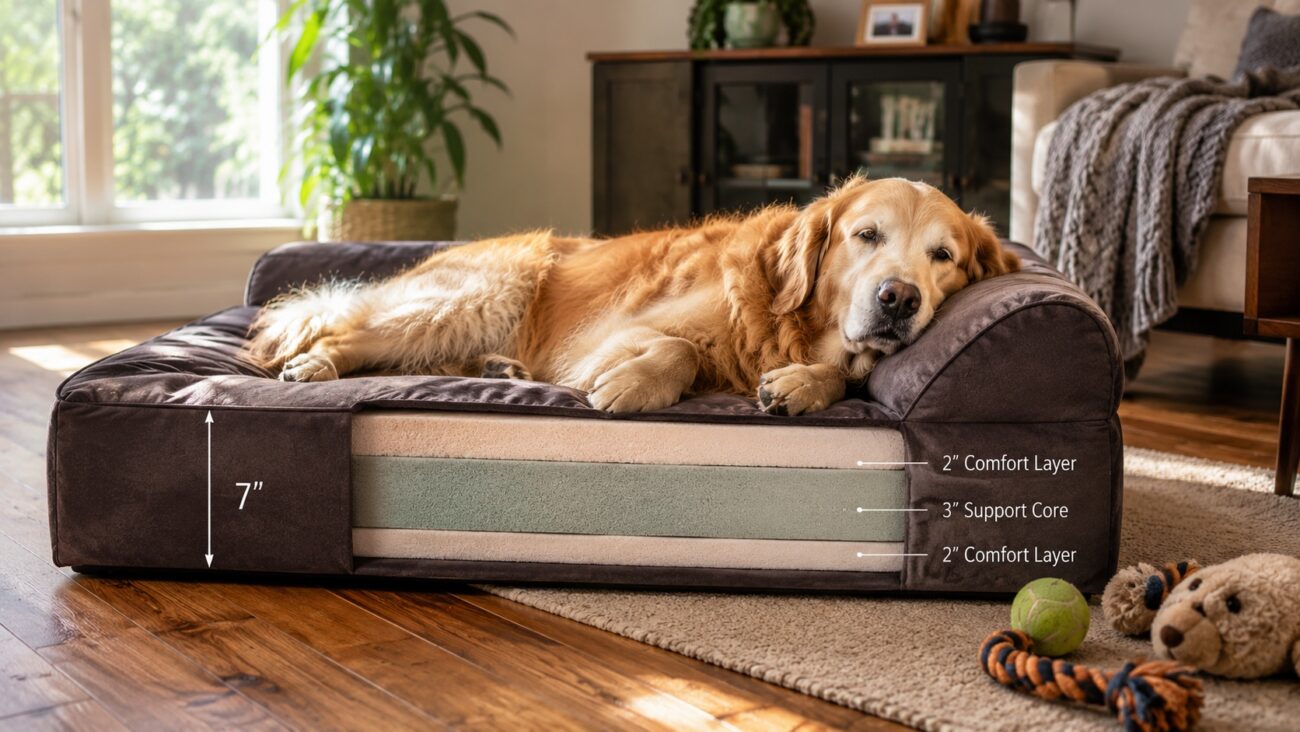 Senior Golden Retriever resting on a 7-inch orthopedic memory foam dog bed.