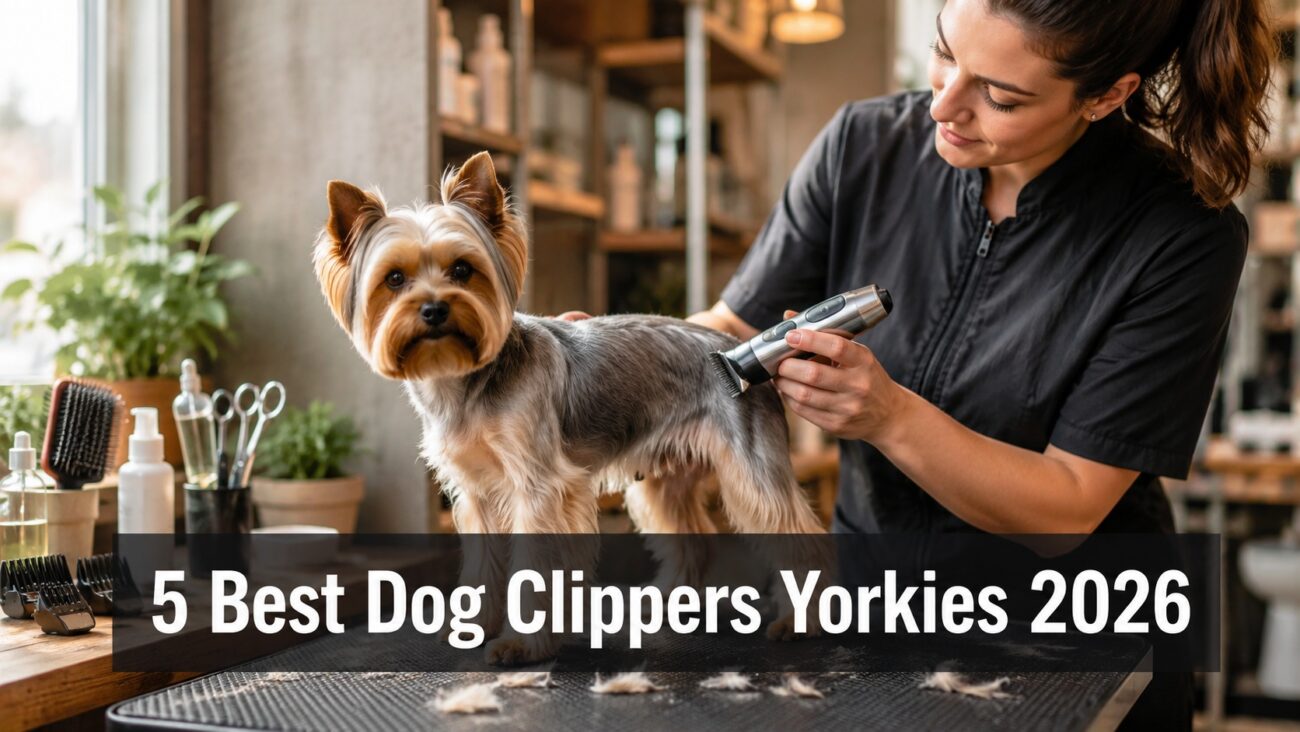 Professional groomer using quiet cordless dog clippers on a Yorkshire Terrier in a modern grooming studio.