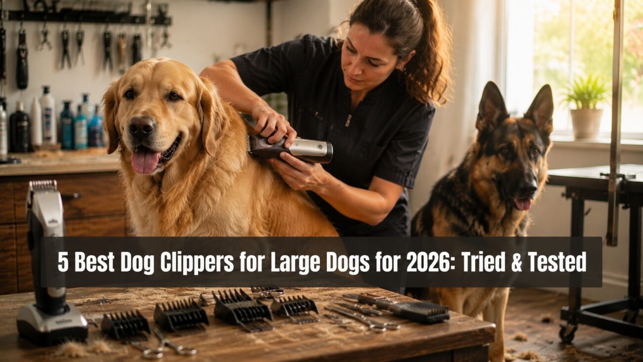 Large dog grooming setup with professional cordless dog clippers.
