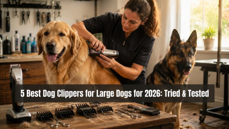Large dog grooming setup with professional cordless dog clippers.