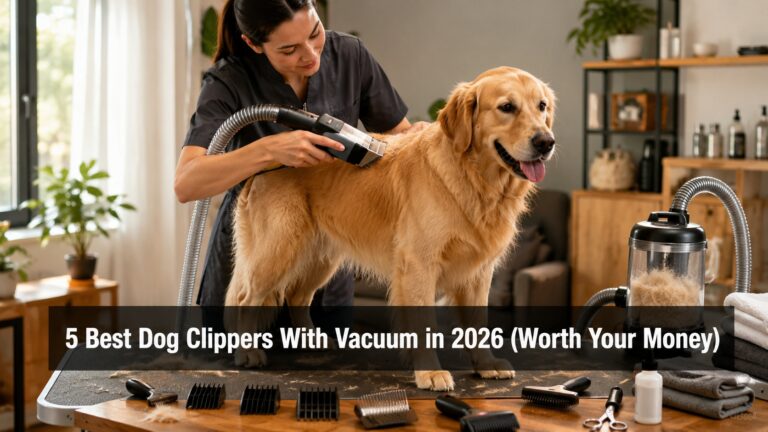 Professional home grooming using a dog clipper with vacuum for a Golden Retriever.