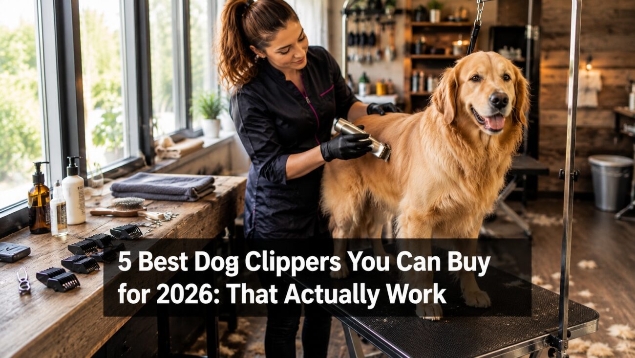 Professional groomer using cordless dog clippers on a Golden Retriever in a modern grooming studio.