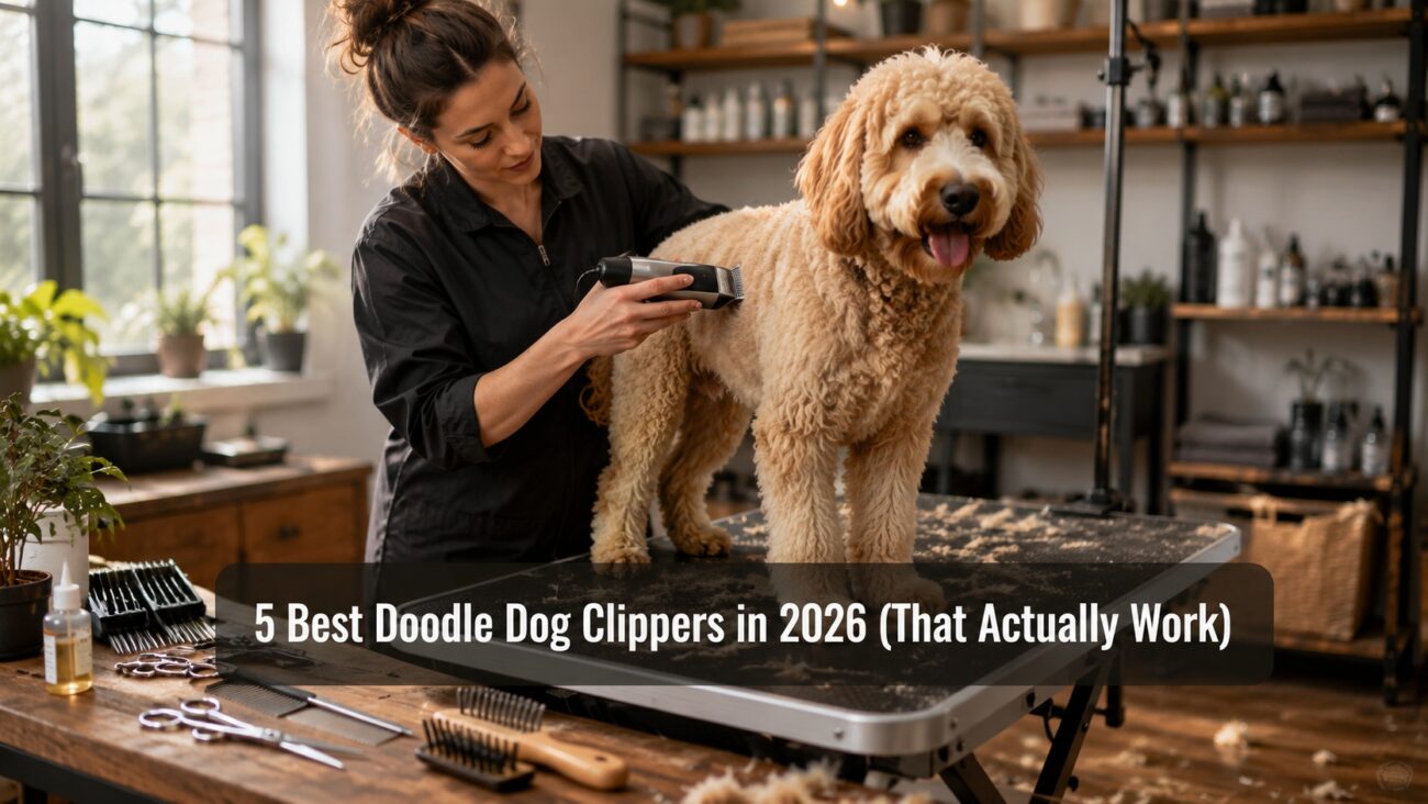 Professional groomer trimming a Goldendoodle using the best doodle dog clippers in a modern home grooming studio.