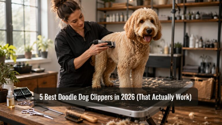 Professional groomer trimming a Goldendoodle using the best doodle dog clippers in a modern home grooming studio.