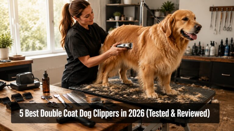 Professional groomer using cordless clippers on a double-coated Golden Retriever in a modern grooming studio.