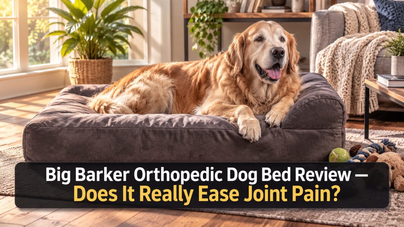Senior Golden Retriever resting on a Big Barker orthopedic dog bed in a modern home.