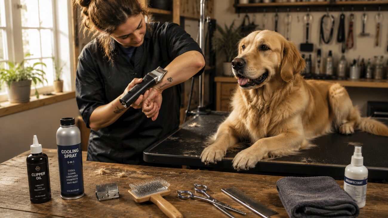 Dog groomer testing hot clipper blade on wrist before grooming a Golden Retriever.