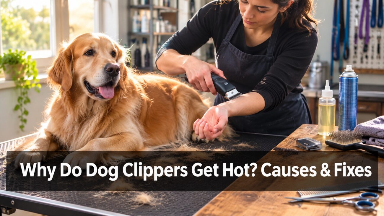 Dog groomer checking hot clipper blade while grooming a Golden Retriever safely
