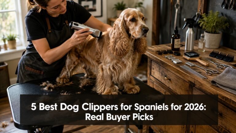 English Cocker Spaniel being professionally groomed with cordless dog clippers for thick coats.