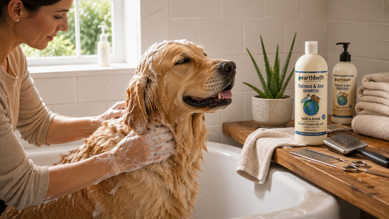 Golden Retriever being bathed with Earthbath Oatmeal & Aloe Dog Shampoo for sensitive skin.