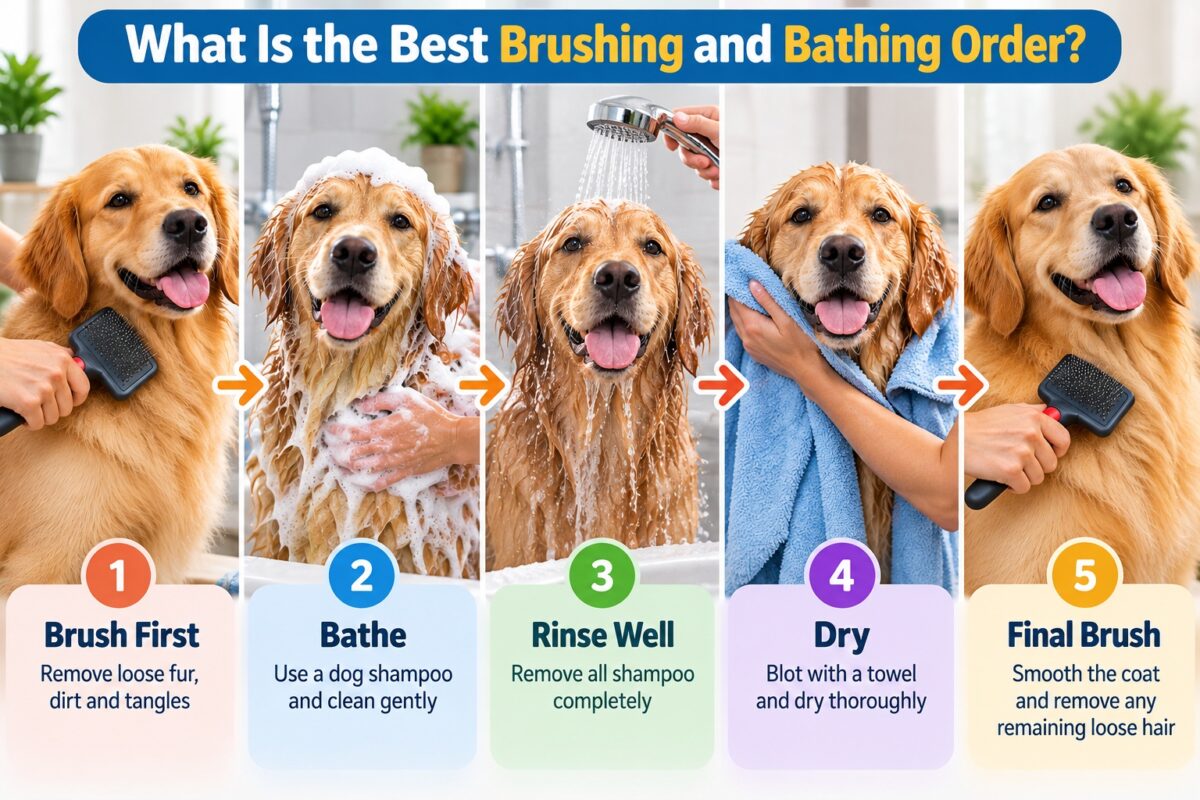 Golden Retriever grooming sequence showing brushing before bathing, washing, rinsing, towel drying, and a final brush after the bath.