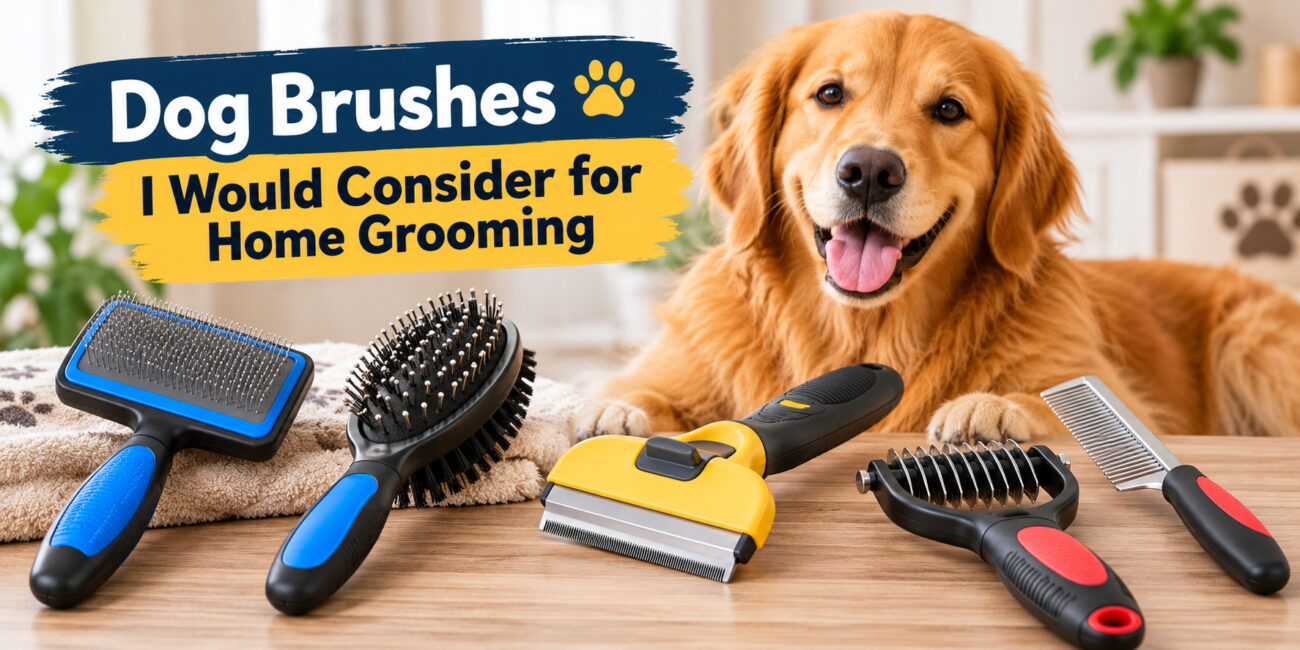 Golden Retriever with several home grooming brushes, including slicker, bristle, deshedding, rake, and metal comb tools.