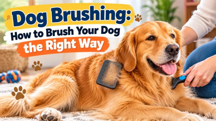 Golden Retriever being gently brushed with a slicker brush at home, illustrating proper dog brushing techniques and coat care.