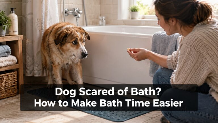 Dog scared of bath standing near a bathtub while owner calmly offers a treat.