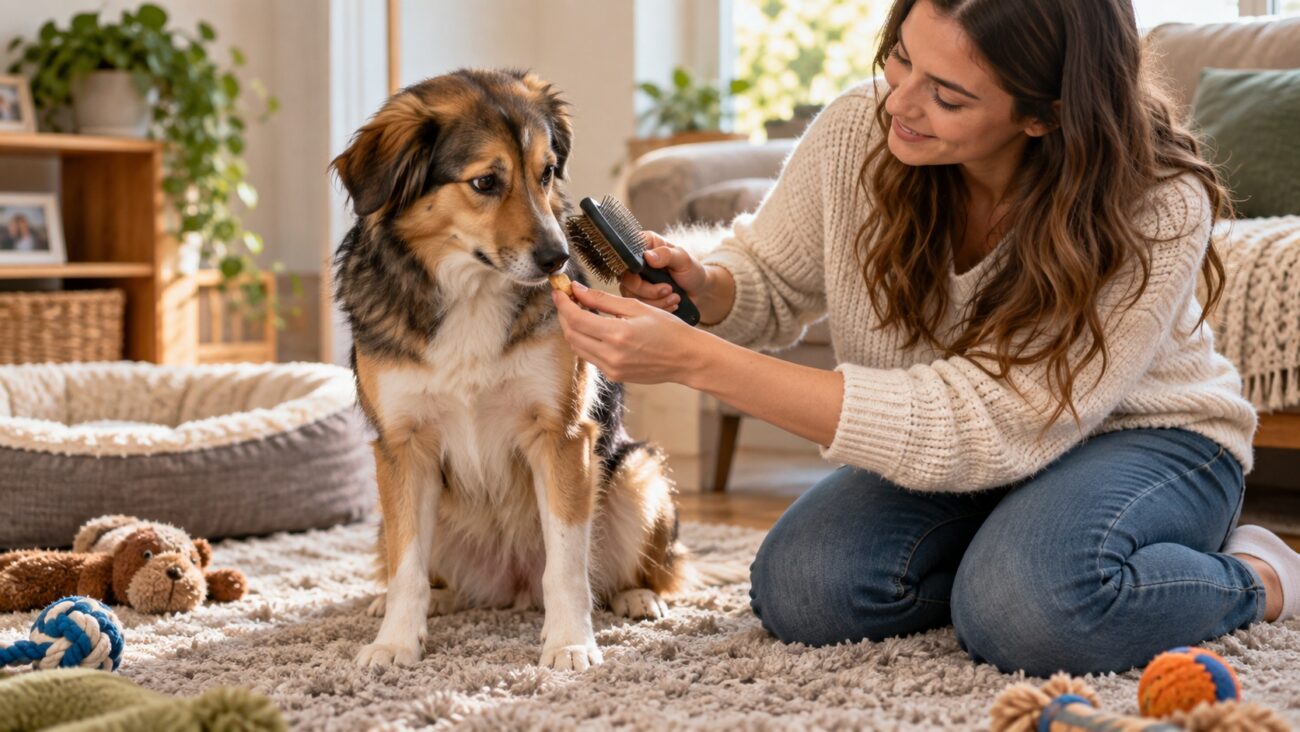 Dog receiving a treat while being gently introduced to a brush, helping reduce fear and make brushing a positive experience.