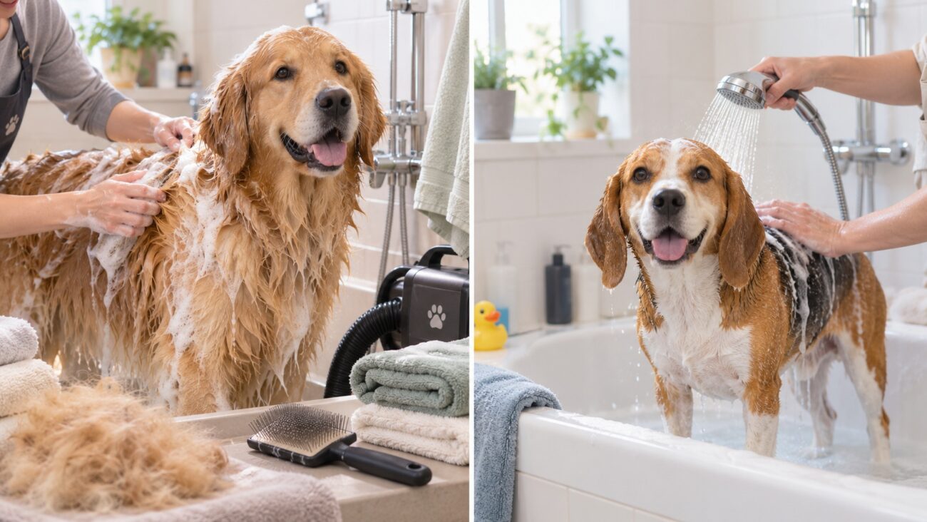 A thick-coated Golden Retriever and a shorter-coated Beagle being bathed side by side, showing differences in washing, rinsing, and grooming needs.