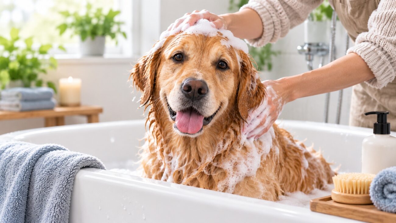 Golden Retriever being gently bathed with dog shampoo in a bathtub to help protect dry, sensitive skin.