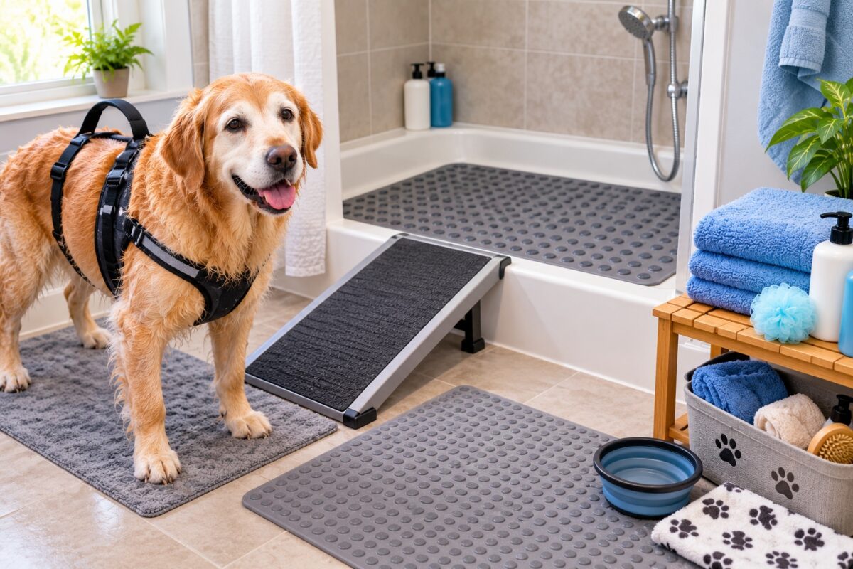 Senior dog with mobility problems beside a prepared bathing area with non-slip mats, support ramp, towels, and grooming supplies.