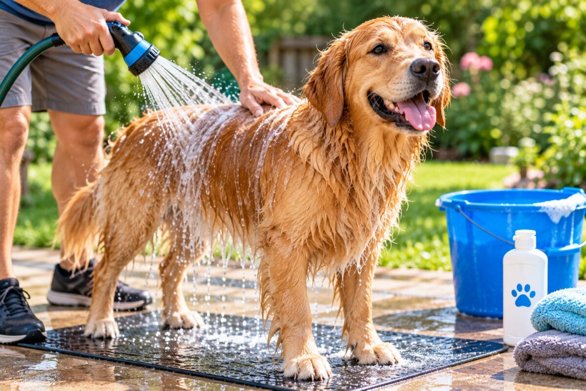 Golden Retriever being gently wetted with a garden hose during an outdoor dog bath