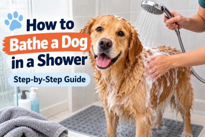 Golden Retriever being bathed in a shower with a handheld sprayer and dog shampoo